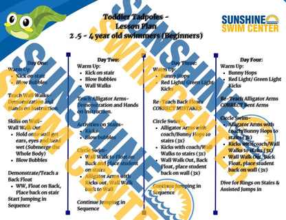 This digital set includes structured swim lessons for three foundational levels: Tadpoles, Frogs, and Sea Stars. Tailored for swimmers ages 3-6, these plans guide little ones through core skills, promoting water confidence, safety, and fun.