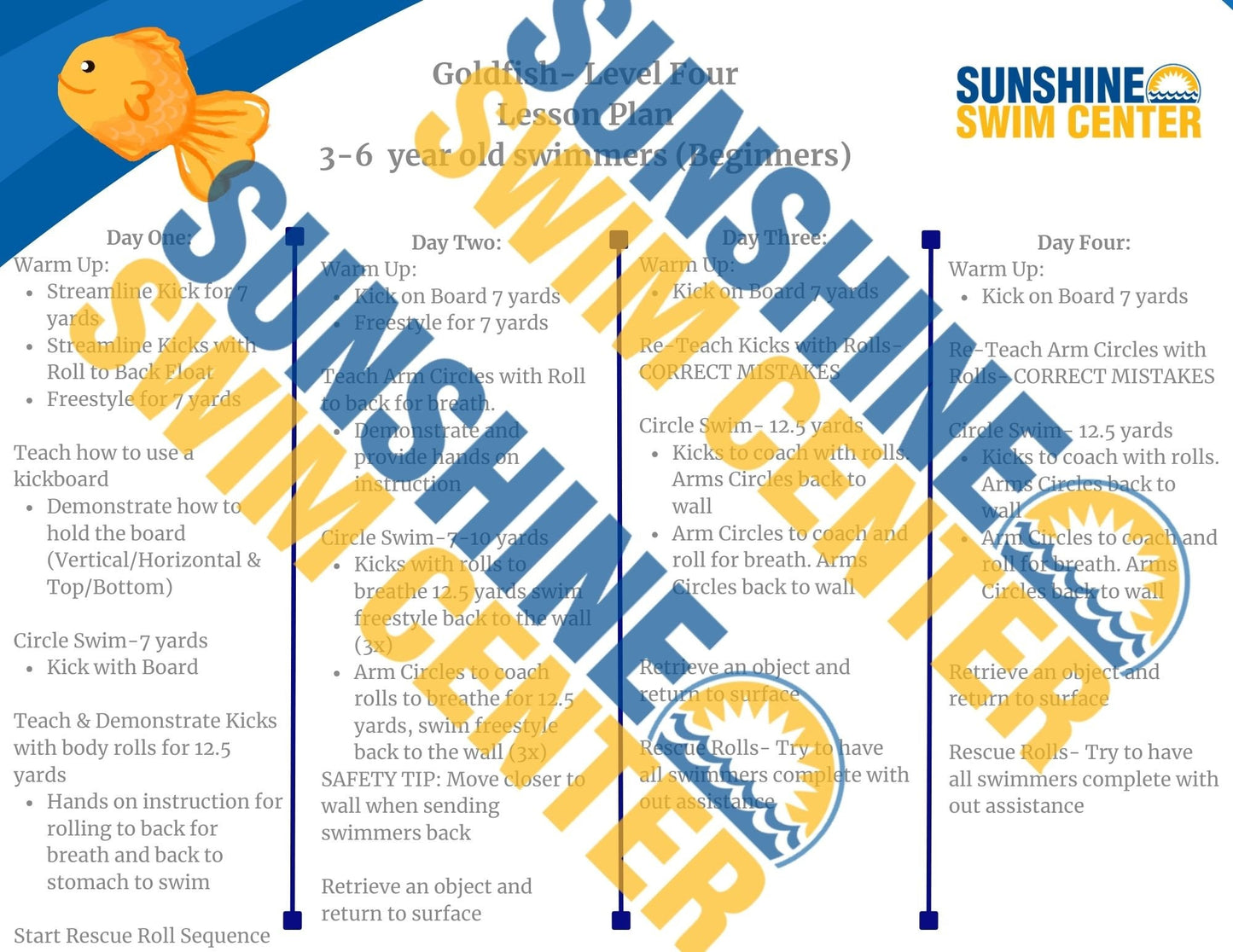 Empower your young swimmers to reach the next level with our “Learn to Swim with Sunshine” Intermediate Lesson Plans! Designed for children ages 4 and up, these comprehensive lesson plans cover essential skills in our intermediate levels