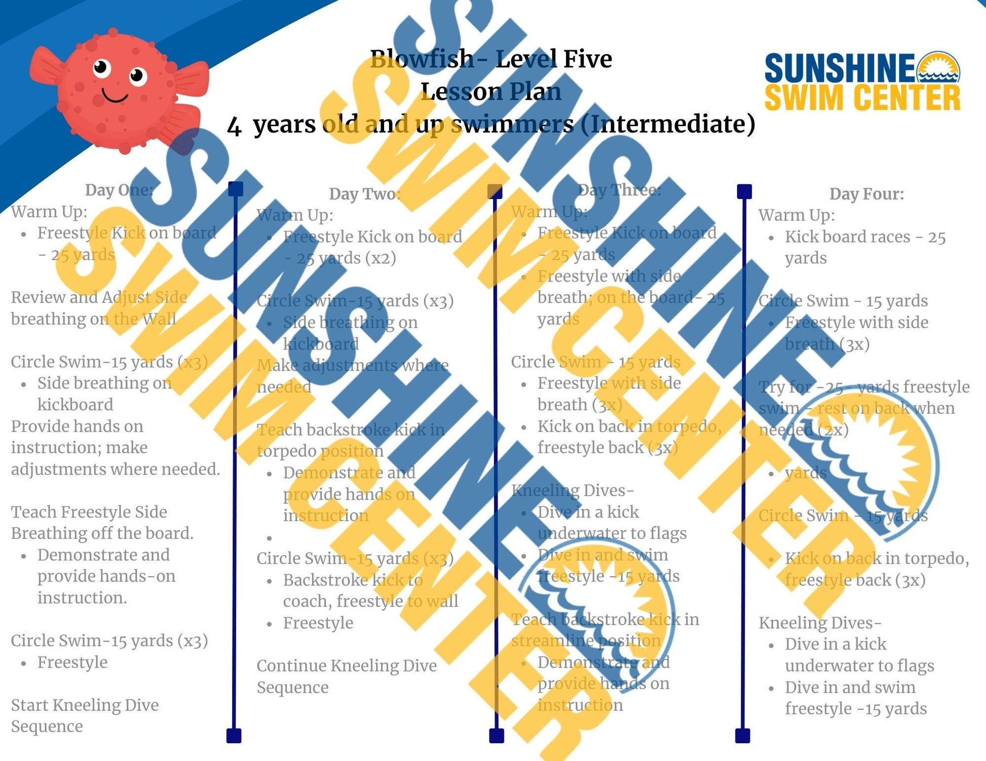 Sunshine Swim Center Lesson Plans