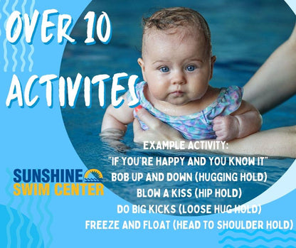 How to guides for parent and tot swim lessons. Preschool age swimmers, parent participation swim lessons. Mom is holding baby and working on swim skills such as blowing bubbles, back floats or jumping into the pool. Sunshine Swim Center digital swim