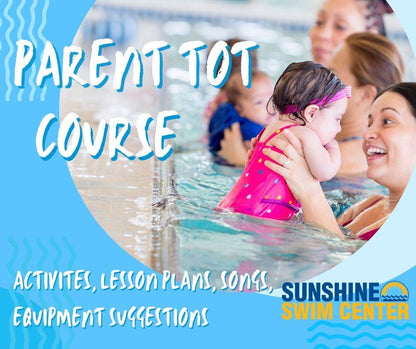 How to guides for parent and tot swim lessons. Preschool age swimmers, parent participation swim lessons. Mom is holding baby and working on swim skills such as blowing bubbles, back floats or jumping into the pool. Sunshine Swim Center digital swim